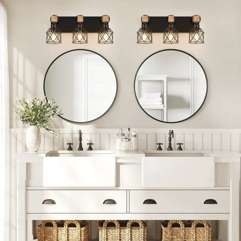 Bathroom with 3 Light Farmhouse Vanity Light For Bathroom Over Mirror Rustic Wood And Black Metal Cage above dual mirrors.
