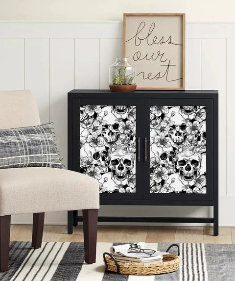 Dope Gothic Peel And Stick Wallpaper With Sugar Skull Floral Pattern For Bedroom In Black And White on cabinet doors