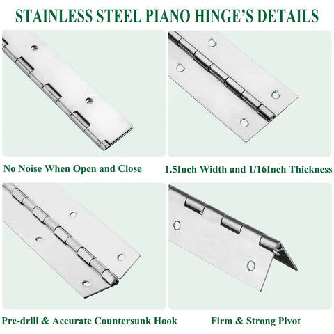 Heavy Duty 2 Pack Piano Hinges With 2 Inch Open Width And 18 Inch Length 0.06 Inch Thick Stainless Steel With Holes details