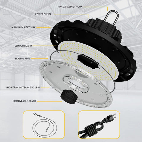 Exploded view of UFO LED High Bay Light 150W 22500 Lumens 5000K Daylight showing components and power cable