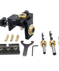 3 In 1 Doweling Jig Drill Kit With Adjustable Guide For Woodworking Pocket Holes And Embedded Nuts Bolts And Eccentric Nuts Includes 8mm 10mm And 15mm Bits For Quick Accurate Dowel Joins And Easy Setup Pro Grade Quality with drill bits, dowels, and tools on white background