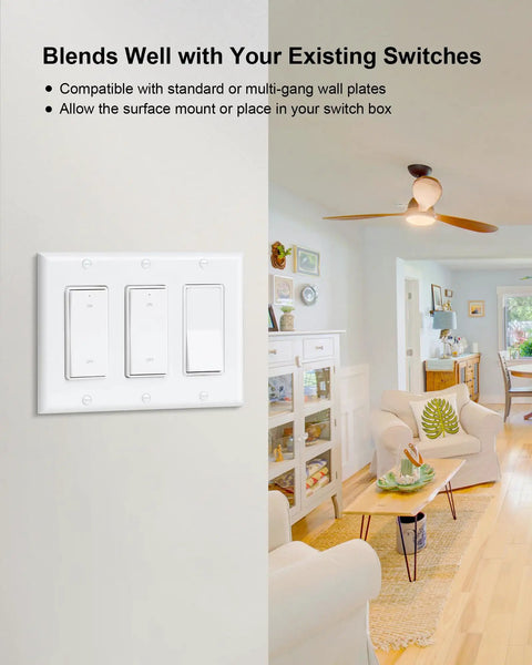 3 Way Wireless Light Switch And Receiver Kit With 200 Ft RF Long Range, Easy No Rewire Install, Instant On Off Remote, Works Without WiFi, Simple Setup For Living Room, Bedroom And Hallway Lighting on three-gang wall plate in living room