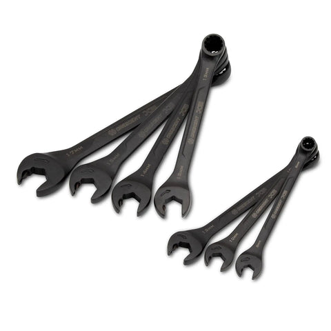 X6 Black Oxide Spline Open End Ratcheting Metric Wrench Set 7 Pieces Lets You Spin Nuts Without Losing The Grip, angled view.