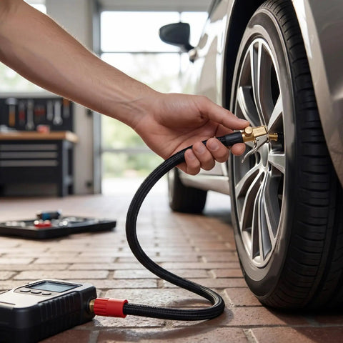 Flexible Silicone Tire Inflator Extension Hose With Quick Clip Chuck Reaches Tight Valve Stems On Cars And Trucks Effortlessly Handles During Roadside Emergencies Or Garage Jobs Avoids Awkward Bending Inside Cramped Wheel Wells 16 Inch Connector, car tire inflation