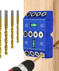 Aluminum Angle Drill Guide Jig With 30 45 90 Degree Settings for fast pro grade woodworking, includes bubble level and drill bits.