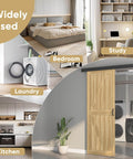 Modern spaces with six foot sliding barn door hardware track kit with handles in black, laundry, kitchen, bedroom, and study.