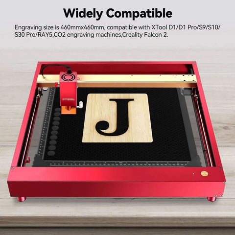 Front view of UniTak3D honeycomb laser bed 500x500mm with aluminum plate, red frame, for XTool D1/D1 Pro engravers.