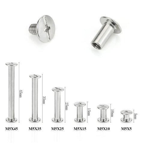Kickass Chicago Screw Binding Kit With Nickel Plated Posts And Assorted Fasteners For Smooth Leather Crafting Built Tough, showing M5 screws in various lengths.