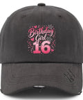 Front view of Its My 16th Birthday Dope Lightweight Low Profile Cap For Women Dark Grey Adjustable Buckle Back Strap Hat
