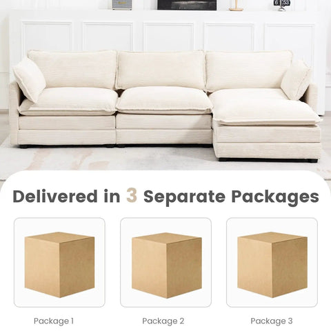 Oversized Modular Sectional Sofa With Movable Ottoman 112 Inch Four Seat L Shaped Corduroy Couch In Beige setup with packaging