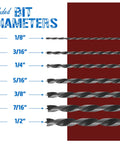 Diagram showing Pro Grade Extra Long 12 Inch Brad Point Drill Bit Set with 7 bits from 1/8 to 1/2 inch for precise woodwork.