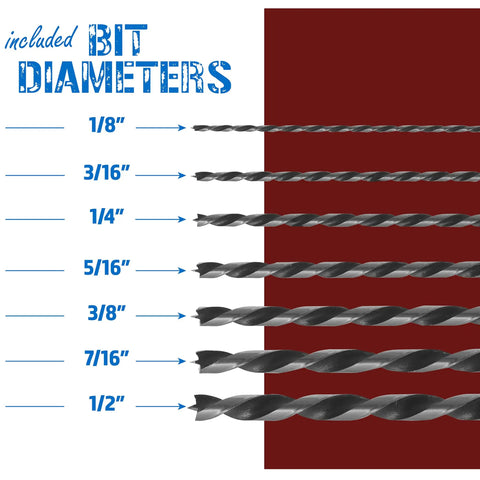 Diagram showing Pro Grade Extra Long 12 Inch Brad Point Drill Bit Set with 7 bits from 1/8 to 1/2 inch for precise woodwork.