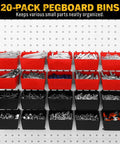 Ultimate Pegboard Organizer Kit With 297 Pieces For DIYers Includes 20 red and black bins on pegboard
