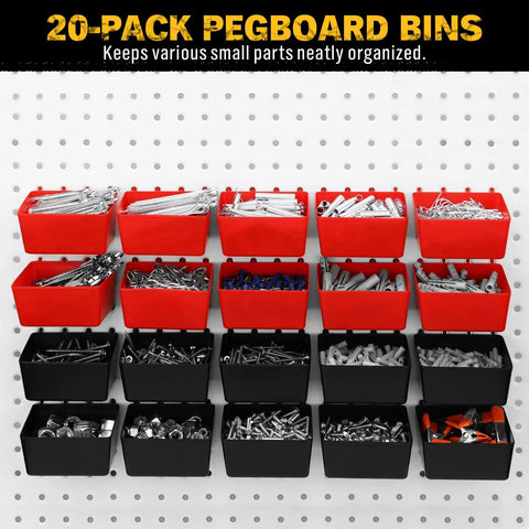 Ultimate Pegboard Organizer Kit With 297 Pieces For DIYers Includes 20 red and black bins on pegboard