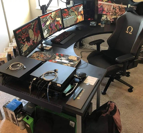 Dual monitor gaming setup with Nine Channel Cable Raceway Kit With Open Slot Duct and Cover for wall concealer cable management.