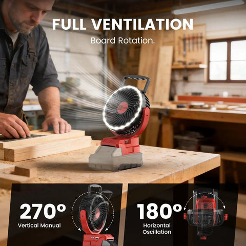 Cordless 5 Inch Jobsite Fan For Milwaukee 18V Battery in a workshop setting showing rotation features