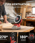 5IN Jobsite Fan Compatible With Milwaukee 18V Battery Brushless Motor in workshop with LED and strong airflow, fan rotation visible