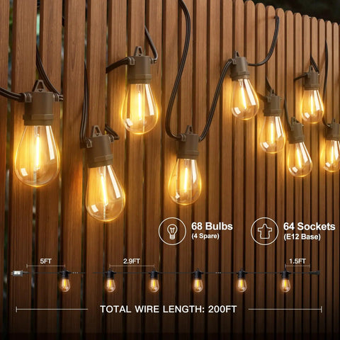 200 Ft LED Outdoor String Lights With Shatterproof Edison Bulbs on wooden fence, displaying sockets and wires in night setting.