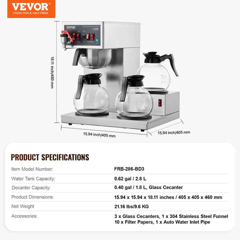 12 Cup Commercial Drip Coffee Maker With 3 Glass Carafes And 3 Warmer Plates, Stainless Steel Pour Over Brewer With Auto Water Intake For Restaurant Office Or Cafe, Big Batch Fast Brew In Minutes
