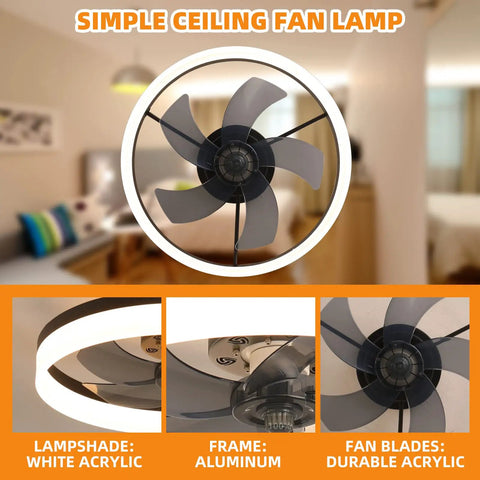 20 Inch Modern Bladeless Ceiling Fan With Lights Remote Control 6 Speeds 3 Color Options Dope Geometric Design Black Low Profile Flush Mount Ceiling Fan For Kitchen Bedroom Living Room with aluminum frame and acrylic lampshade