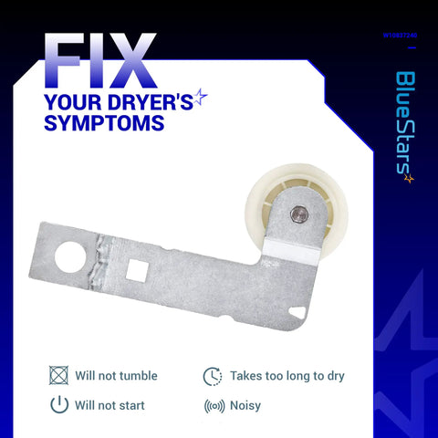 Beefy Dryer Idler Pulley with Bracket W10837240 for Whirlpool and Kenmore dryers, showing metal bracket and pulley.