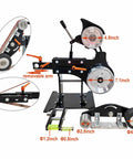 Heavy Duty Belt Sander With Variable Speed And Flip Orientations Includes Full Set Of Coarse To Fine Grit Bands Plus Grinding Discs showing machine features and dimensions.