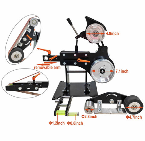 Heavy Duty Belt Sander With Variable Speed And Flip Orientations Includes Full Set Of Coarse To Fine Grit Bands Plus Grinding Discs showing machine features and dimensions.