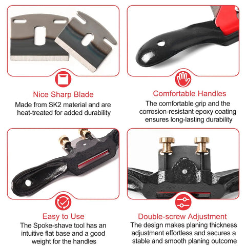 Rock Solid Adjustable Spokeshave Set With Six Precision Blades And Portable Woodworking Plane features SK2 blades and durable handles.