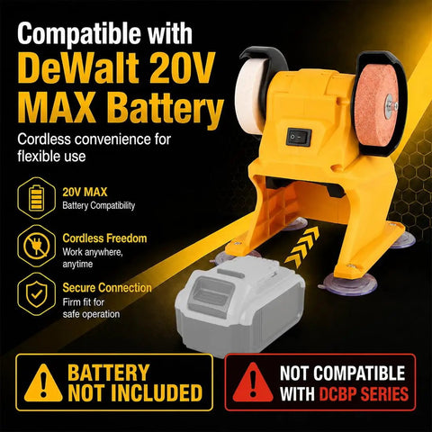 Badass Heavy Duty Cordless Mini Bench Grinder Compatible With DeWalt 20V Tools Portable Shop Staple For Grinding And Polishing Jobs No Battery Included, yellow design with dual grinding wheels.