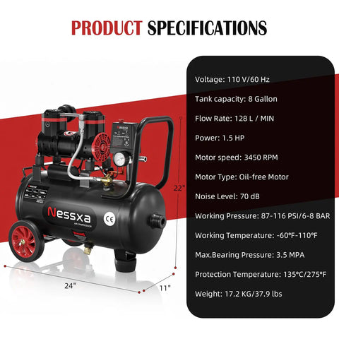 8 Gallon Ultra Quiet Air Compressor, 1.5HP Oil-Free Tank With Wheels, 115 PSI, 4.52 CFM Portable Air Pump For Car Repair, Spray Painting, Home Projects. Perfect For Nailing And Woodwork Work