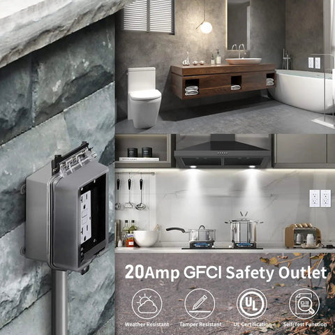 Built Tough Weather Resistant GFCI Outlet With Tamper Resistant Duplex Receptacle 20 Amp 125 Volt Indoor Outdoor Use shown in a bathroom and kitchen