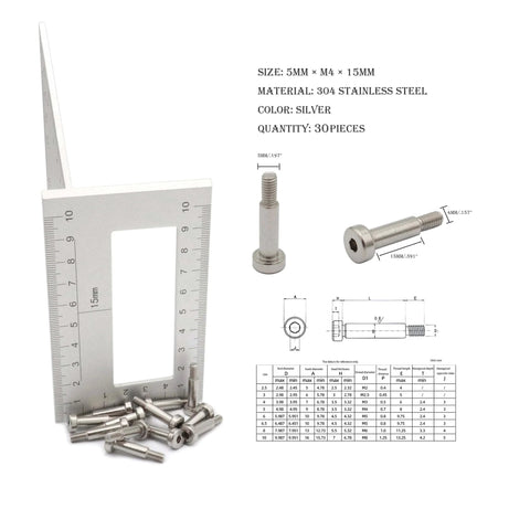 30 Pack Hex Socket Shoulder Bolts 5mm Diameter, M4 Thread, 15mm Length, 304 Stainless Steel Silvery Finish, diagram and ruler view