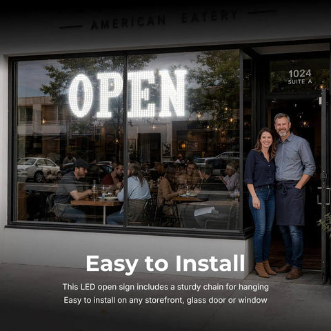 40 Inch By 14 Inch LED Open Sign With Remote Control displayed in store window showing high visibility, attracting passersby.