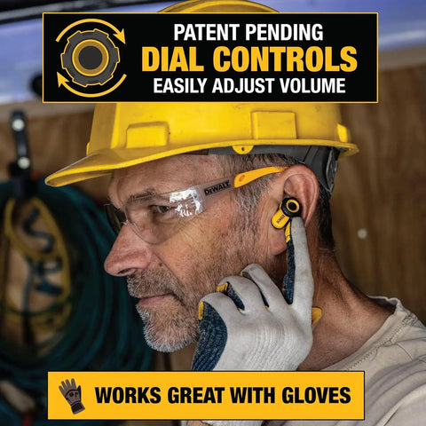 Construction worker adjusting Jobsite Pro X2 True Wireless Earbuds With Active Noise Canceling, Glove Friendly Dial Control