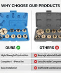 Kickass 11 Piece Brass Router Bushing Kit With Universal Lock Nuts And Heavy Duty Case displayed in comparison with lower quality set.