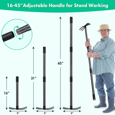 Two In One Garden Hoe And Cultivator With Adjustable 31 Inch Handle Carbon Steel Blade Heavy Duty Tiller Demonstrated by Gardener