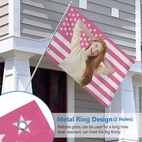 Personalized Pink American Flag 3x5 Ft Banner With Your Photo And Text Design Custom Flag Tapestry hanging on house