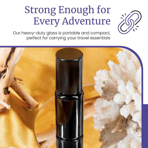 Black Ultraviolet Glass Roller Bottle 15 Ml Essential Oil Bottle With Glass Ball Roll On Tip against a travel-themed background