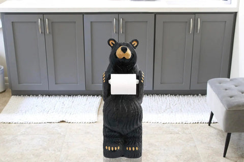 Little Johnny Bear Toilet Paper Holder From Bearfoots Collection By Jeff Fleming Midnight Black Resin Stone Decor in bathroom