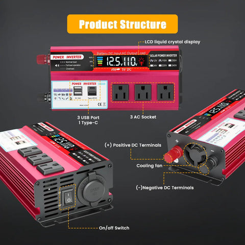 Heavy Duty 1000W Car Power Inverter That Converts 12V DC To 110V AC Smoothly, features LCD display, USB ports, and AC sockets.