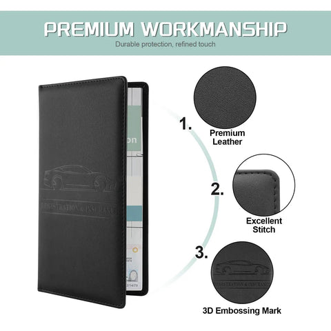 Front view of Car Registration And Insurance Holder With Magnetic Closure For Docs Cards And License, durable PU leather, black.