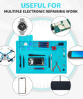 Silicone Soldering Mat With Magnetic Work Pad And 932 F Heat Resistance For Electronics Repairs Tools Organizer shown with devices