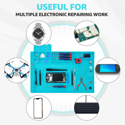 Silicone Soldering Mat With Magnetic Work Pad And 932 F Heat Resistance For Electronics Repairs Tools Organizer shown with devices