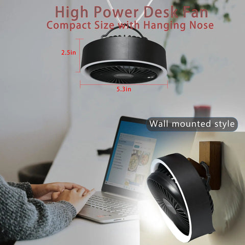 Ultra Quiet 5.3 Inch Desk Fan Portable USB Powered With 2000mAh Battery, wall-mounted above a desk with a laptop.