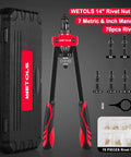 Rivet Nut Tool Kit WETOLS with 7 mandrels and 70pcs rivnuts assortment kit, 14-inch manual riveter, BMC case shown
