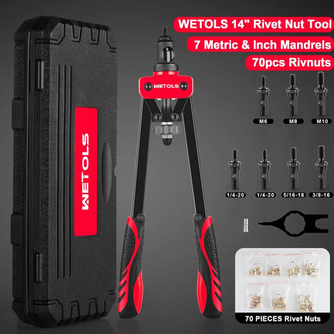 Rivet Nut Tool Kit WETOLS with 7 mandrels and 70pcs rivnuts assortment kit, 14-inch manual riveter, BMC case shown