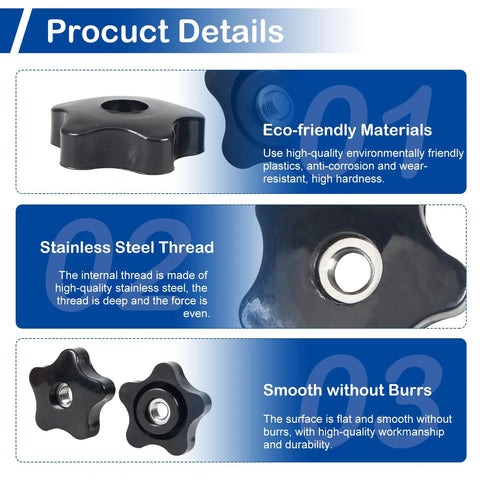 Set of seven black 5/16-18 star knobs with stainless-thread inserts for jigs and drilling machines.