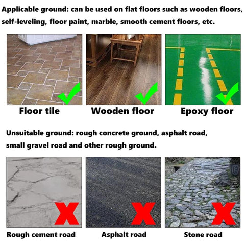 Suitable ground types for casters: floor tile, wooden floor, epoxy floor; Not suitable: rough cement, asphalt, stone road.
