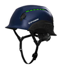 Side view of Ultralight Vented Safety Helmet With Modular Brim And Fidlock Buckle 4 Point Comfort Strap Koroyd Breathable Tech Rainproof Shield 20KV Protection Blue Size L XL For Work Or Play All Day Comfort.