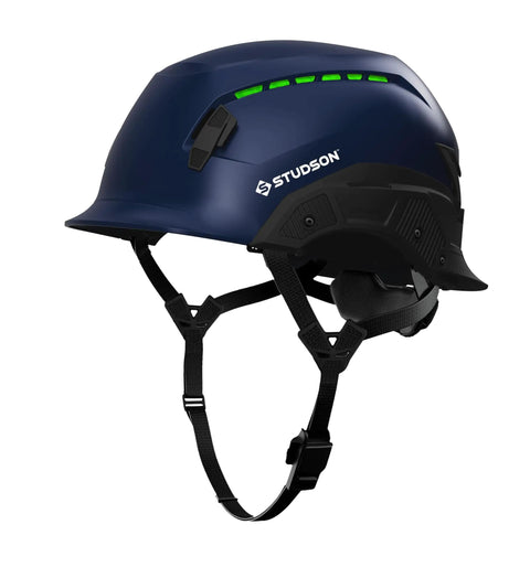 Side view of Ultralight Vented Safety Helmet With Modular Brim And Fidlock Buckle 4 Point Comfort Strap Koroyd Breathable Tech Rainproof Shield 20KV Protection Blue Size L XL For Work Or Play All Day Comfort.